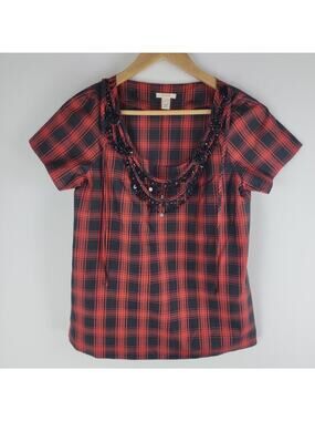 J Crew Eliza Silk Blouse Top Necklace Tartan Short Sleeve Red Size 2